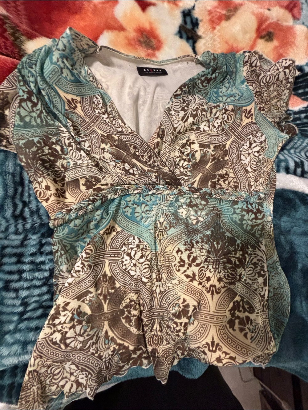 Axcess Teal, Brown & Cream Printed Surplice Empire Top